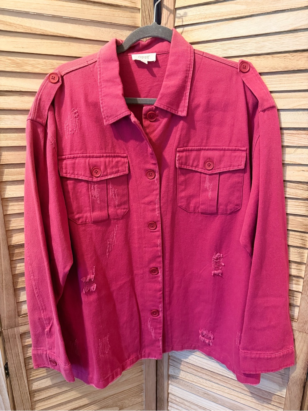ODDI Distressed Utility Jacket in Deep Magenta